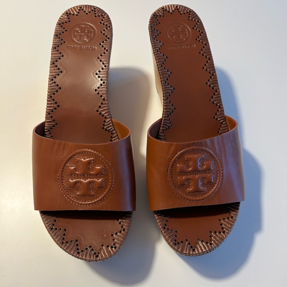 Tory Burch Ines Platform Brown Leather Sandals with Logo